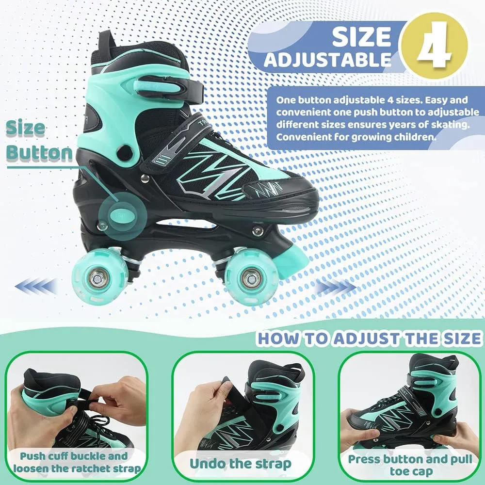 Kids Roller Skates for Boys Girls Kids Toddler Beginners, Adjustable 4 Sizes Quad Boys Roller Skates with All Light Up Wheels for Indoor Outdoor Sports