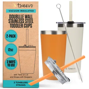 Kids Tumblers with Screw Lids - Tumbler, Stainless Steel Cups With Straws and & Straw Brush Adorable for 2 Pack (Cream & Brown, 12oz)