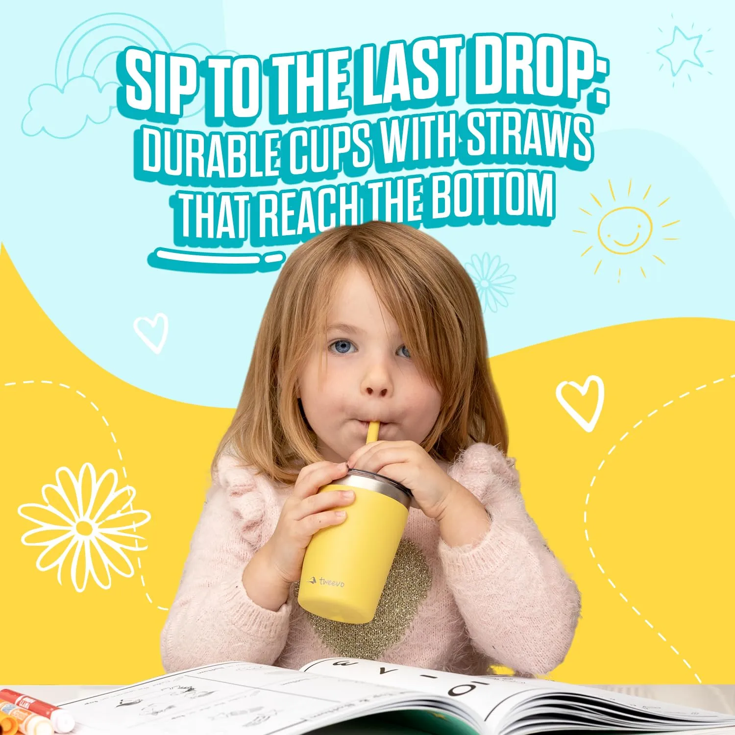 Kids Tumblers with Screw Lids - Tumbler, Stainless Steel Cups With Straws and & Straw Brush Adorable for 2 Pack (Cream & Brown, 12oz)