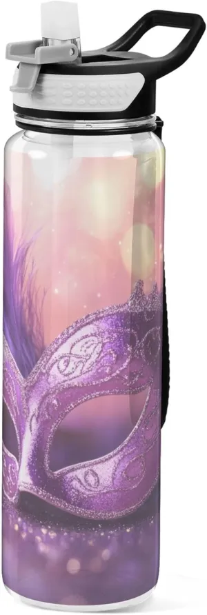 Kigai Transparent Sports Water Bottle 32oz, Mardi Gras Mask Leakproof Wide Mouth Water Bottle with Straw, BPA Free Water Jug with Detachable Strap & Handle for Fitness Gym Outdoor