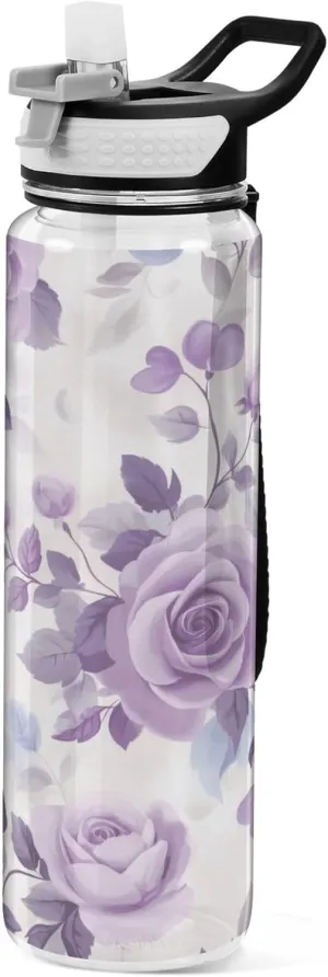 Kigai Transparent Sports Water Bottle 32oz, Purple Roses Leakproof Wide Mouth Water Bottle with Straw, BPA Free Water Jug with Detachable Strap & Handle for Fitness Gym Outdoor