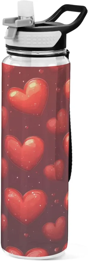 Kigai Transparent Sports Water Bottle 32oz, Red Hearts Leakproof Wide Mouth Water Bottle with Straw, BPA Free Water Jug with Detachable Strap & Handle for Fitness Gym Outdoor