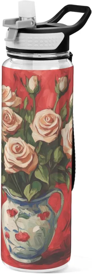 Kigai Transparent Sports Water Bottle 32oz, Rose Vase Painting Leakproof Wide Mouth Water Bottle with Straw, BPA Free Water Jug with Detachable Strap & Handle for Fitness Gym Outdoor