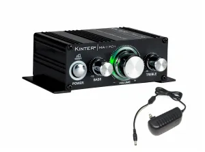 Kinter MA170  2-Channel Auto Home Cycle Arcade DIY 2 x 18 W Mini Amplifier Bass Treble RCA Input Audio Mini Amplifier with 12V 3A Power Supply Black