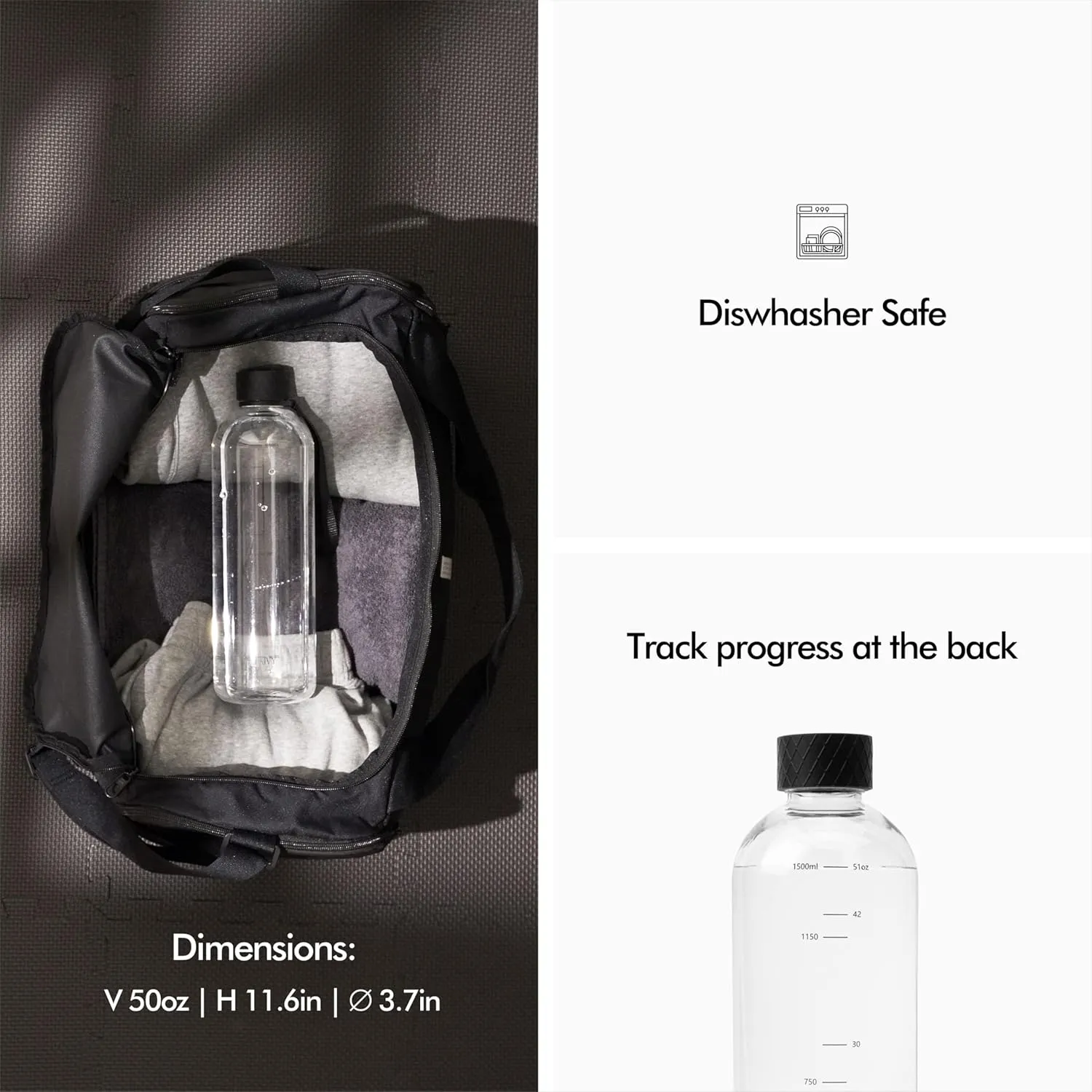 KIVY Tritan Water Bottle 2nd Generation (Black Clear, 50oz)