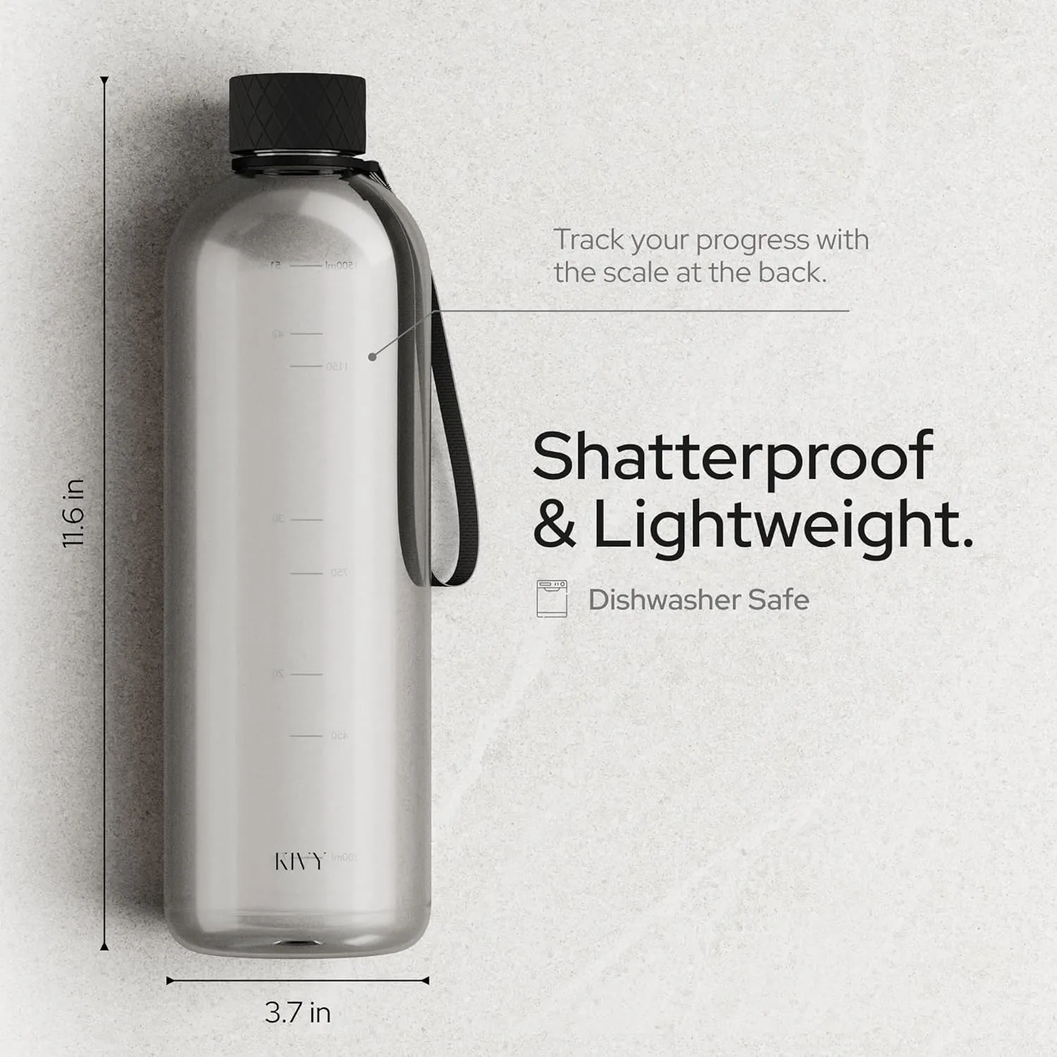 KIVY Tritan Water Bottle 2nd Generation (Black Clear, 50oz)