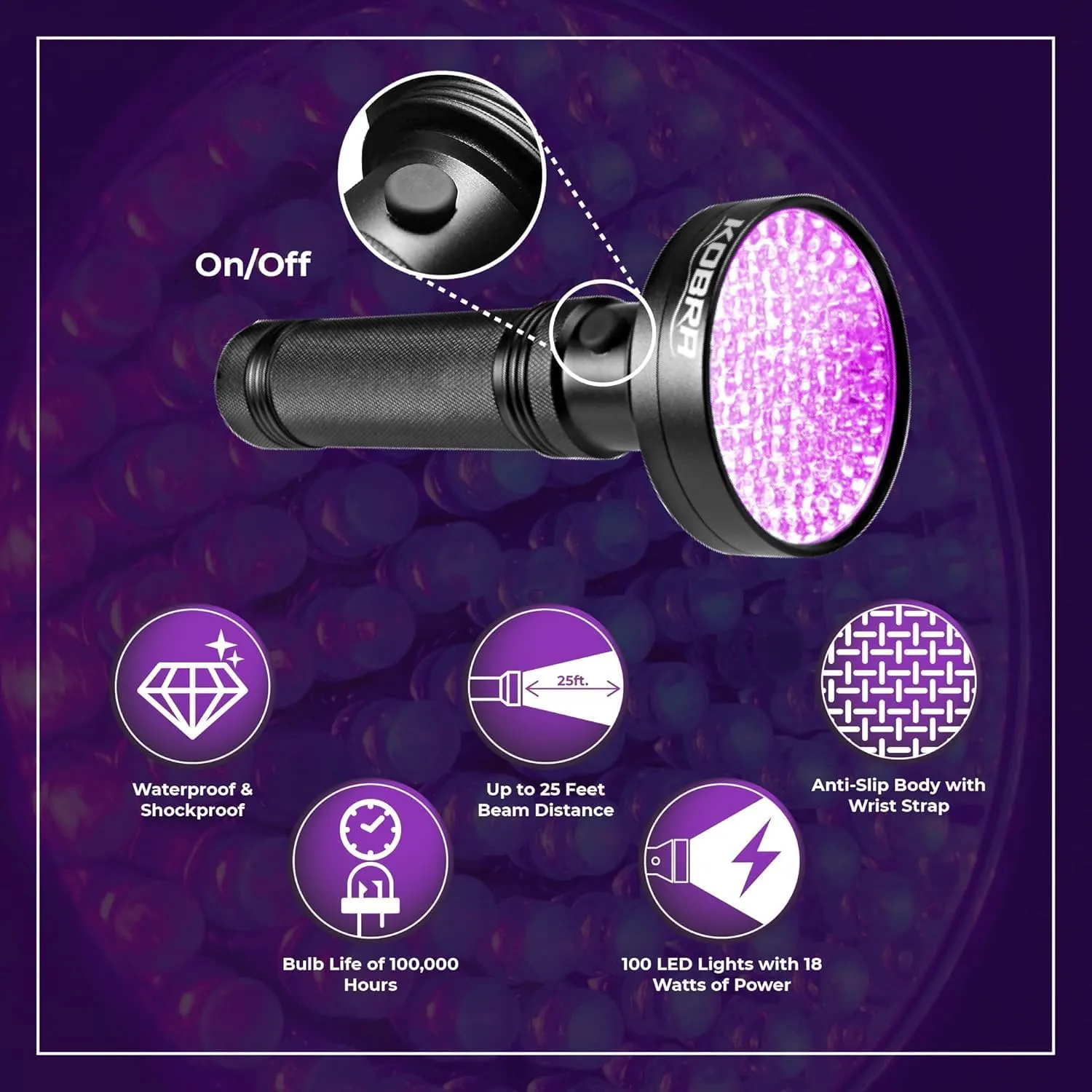 Kobra UV Black Light Flashlight - 100 LED Portable UV Light & Black Light for Pet Urine Detection - Home or Hotel Bed Bugs, Leaks & Counterfeit Money Inspection - 18W, 390-395mm (Yellow)