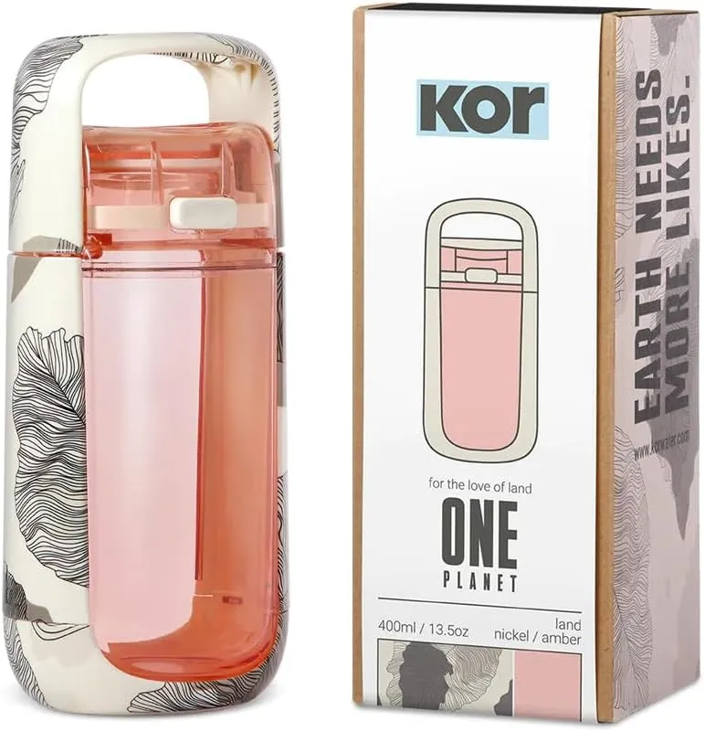 KOR One Planet 13.5oz Tritan Water Bottle with Lid Safety Lock, One Click Open Cap and Ergonomic Carry Handle - Features Unique Water-Dipped Designs Inspired by Nature