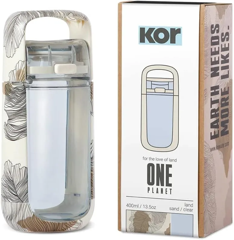 KOR One Planet 13.5oz Tritan Water Bottle with Lid Safety Lock, One Click Open Cap and Ergonomic Carry Handle - Features Unique Water-Dipped Designs Inspired by Nature