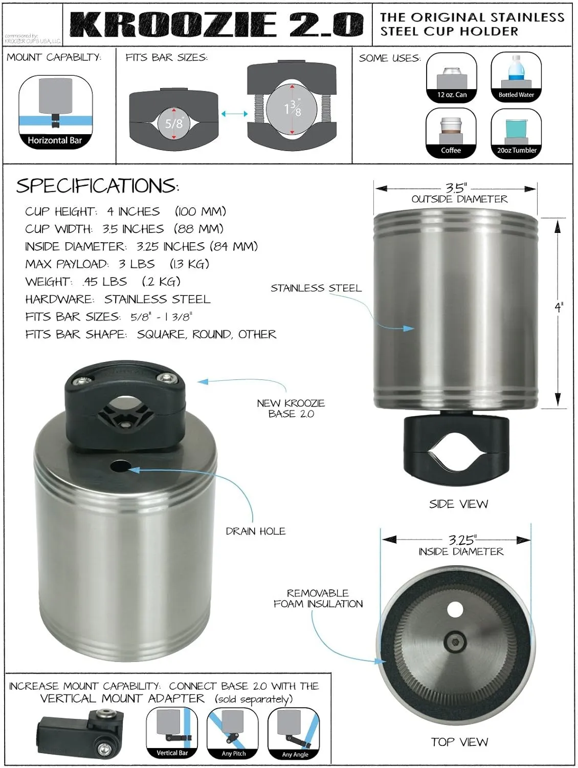 Kroozie 2.0 Bicycle Cup Holder - The Ultimate Bike Cup Holder for Beach Cruisers, E-Bikes, Scooters, Strollers – A premium stainless steel handlebar drink holder that lasts