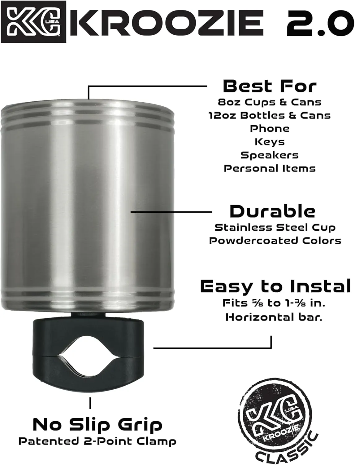 Kroozie 2.0 Bicycle Cup Holder - The Ultimate Bike Cup Holder for Beach Cruisers, E-Bikes, Scooters, Strollers – A premium stainless steel handlebar drink holder that lasts