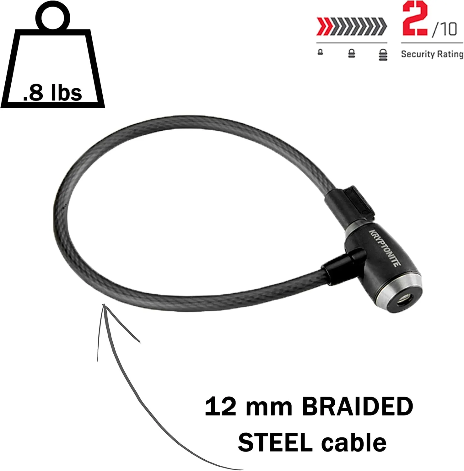 Kryptonite KryptoFlex Bike Lock Cable, 2FT/6FT/10FT Long 12mm Thick Heavy Duty Braided Steel Cable Anti-Theft Security Lock for Outdoor Equipment, Combination/Key Bike Lock