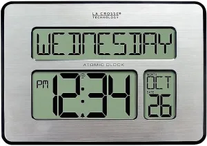 La Crosse Technology 513-1419-INT Atomic Full Calendar Clock with Extra Large Digits - Silver, 9.84"L x 1.14"W x 7.48"H