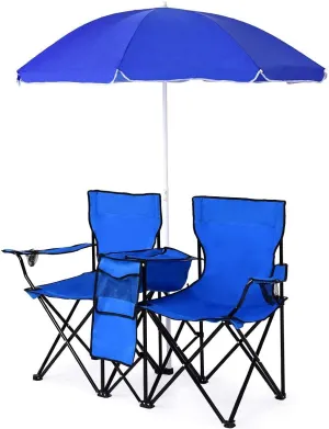 LDAILY Moccha Double Folding Chairs, Portable Camping Picnic Chair w/Umbrella, Mini Table Beverage Compartment, Carrying Bag for Outdoor Patio Garden Lawn Beach Fishing, Beach Chairs w/Canopy Shade