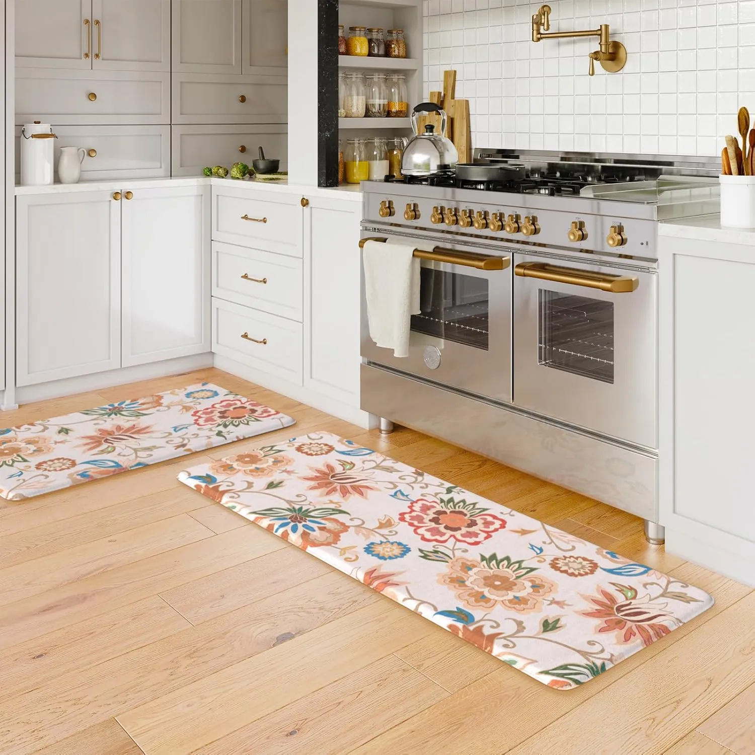 LEEVAN Kitchen Mats for Floor Non-Slip, Cushioned Anti Fatigue Mat 2 Piece, Beige Memory Foam Kitchen Mat Waterproof, Ergonomic Standing Mat for Bar, Office,Desk, Laundry