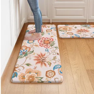 LEEVAN Kitchen Mats for Floor Non-Slip, Cushioned Anti Fatigue Mat 2 Piece, Beige Memory Foam Kitchen Mat Waterproof, Ergonomic Standing Mat for Bar, Office,Desk, Laundry