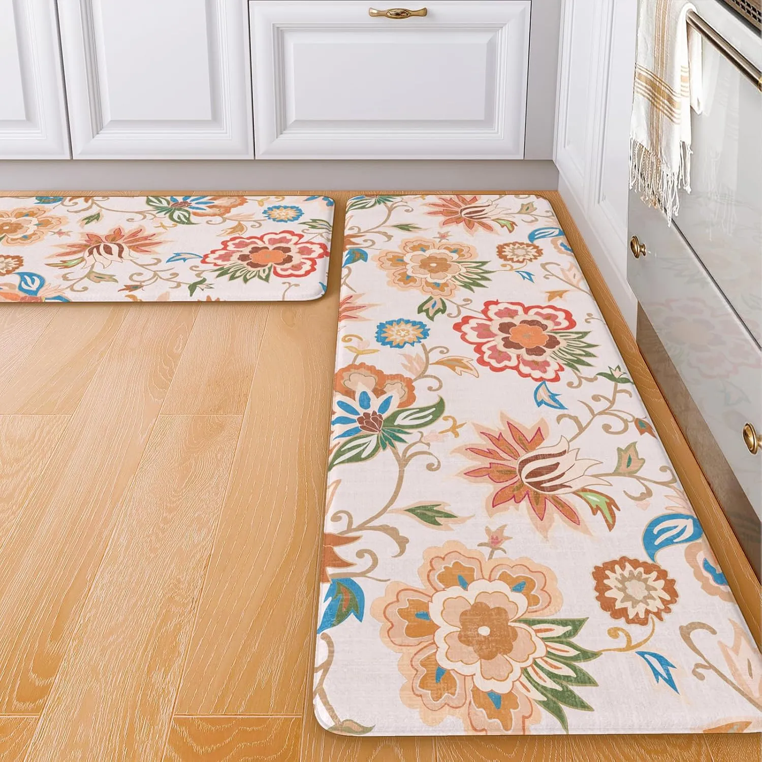 LEEVAN Kitchen Mats for Floor Non-Slip, Cushioned Anti Fatigue Mat 2 Piece, Beige Memory Foam Kitchen Mat Waterproof, Ergonomic Standing Mat for Bar, Office,Desk, Laundry