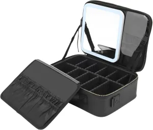 Lighted Travel Makeup Bag,Mirror,Portable Cosmetic Case with Adjustable Dividers