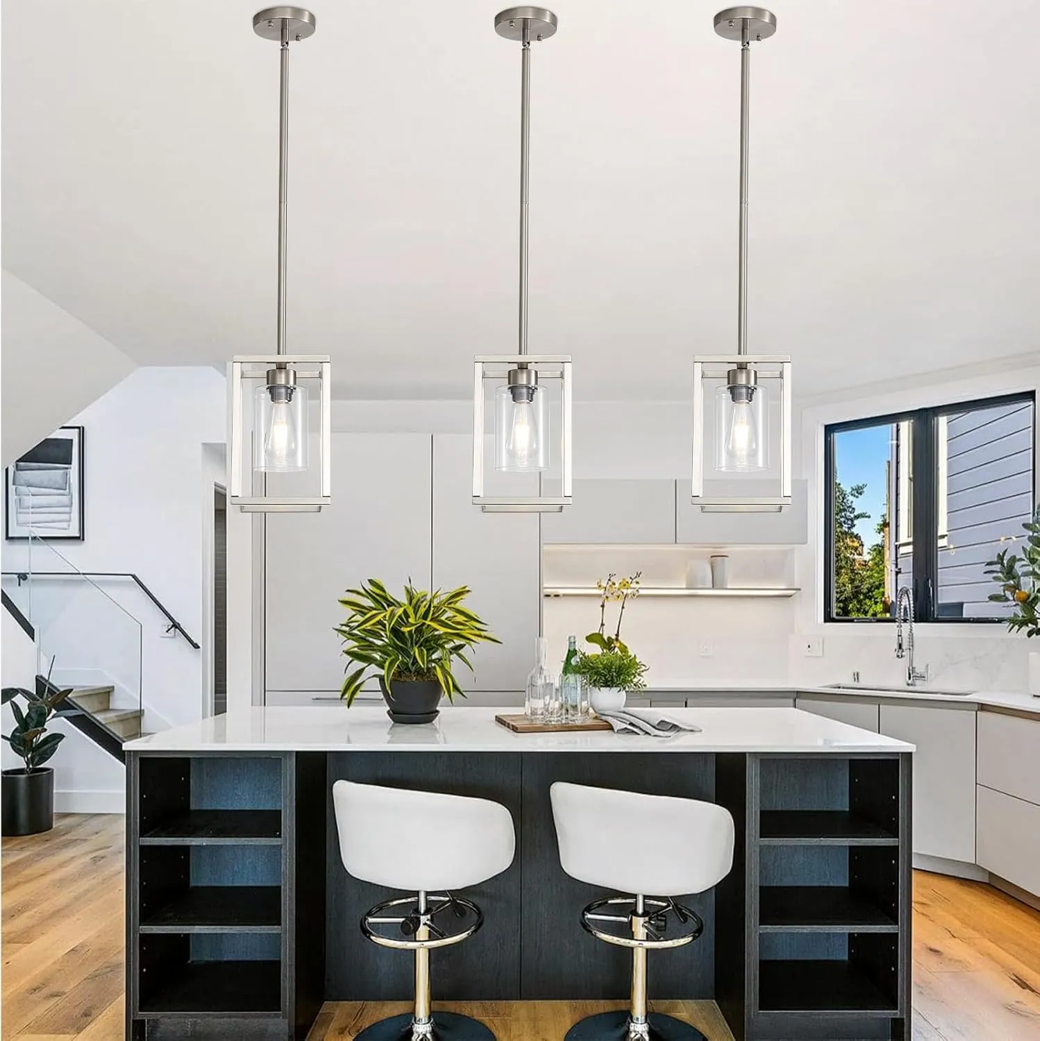 LOUSACE Farmhouse Pendant Lighting, Single Light Brushed Nickel Cage Hanging Light Vintage Chandelier with Clear Glass Shade for Kitchen Island Entryway Dining Room Hallway Porch