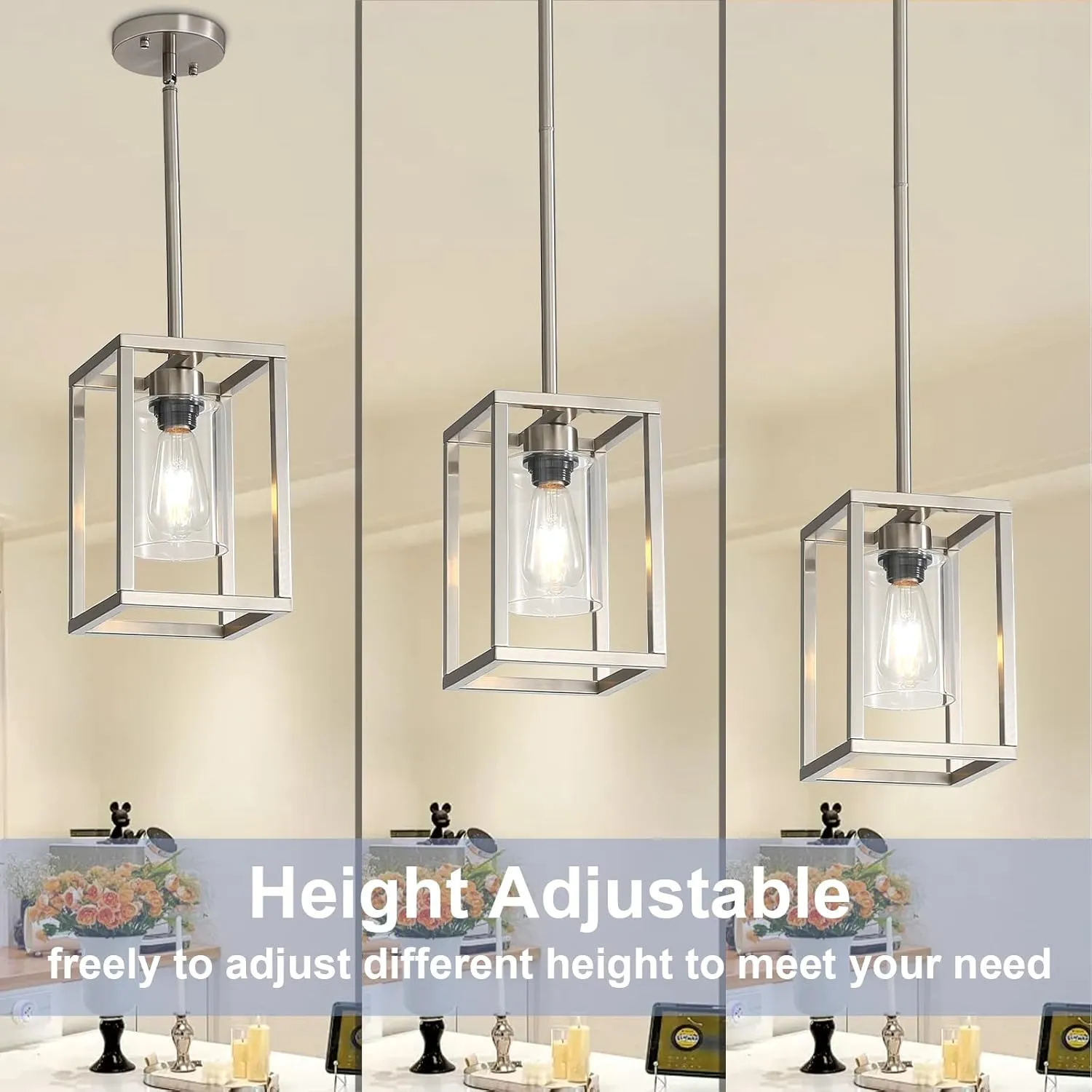 LOUSACE Farmhouse Pendant Lighting, Single Light Brushed Nickel Cage Hanging Light Vintage Chandelier with Clear Glass Shade for Kitchen Island Entryway Dining Room Hallway Porch