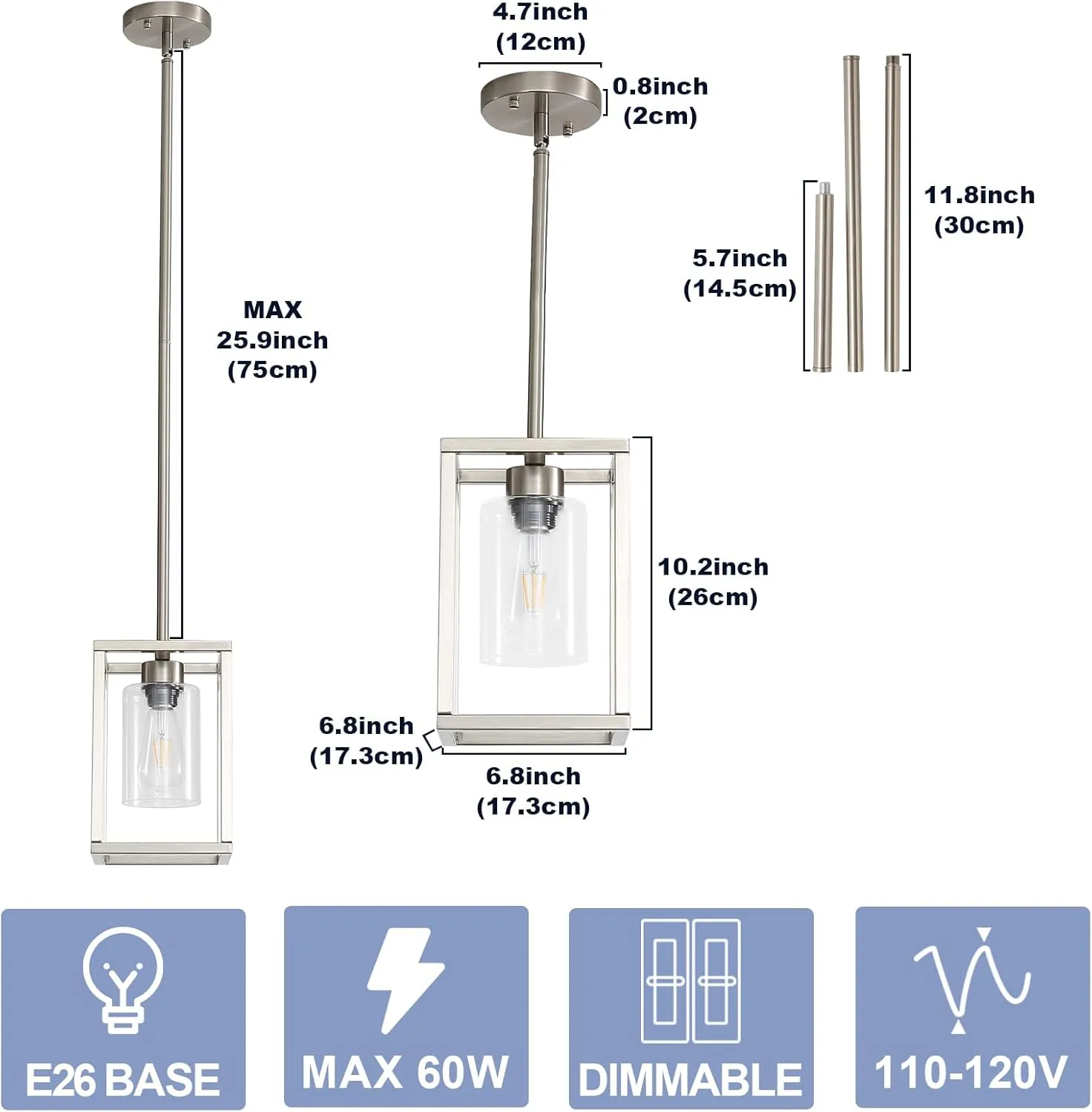 LOUSACE Farmhouse Pendant Lighting, Single Light Brushed Nickel Cage Hanging Light Vintage Chandelier with Clear Glass Shade for Kitchen Island Entryway Dining Room Hallway Porch