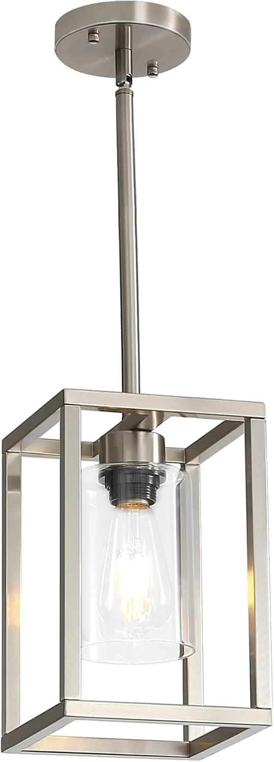 LOUSACE Farmhouse Pendant Lighting, Single Light Brushed Nickel Cage Hanging Light Vintage Chandelier with Clear Glass Shade for Kitchen Island Entryway Dining Room Hallway Porch