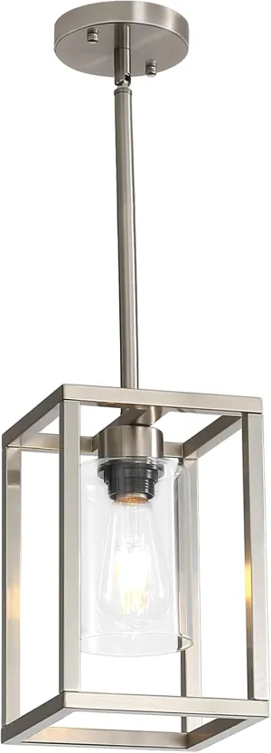 LOUSACE Farmhouse Pendant Lighting, Single Light Brushed Nickel Cage Hanging Light Vintage Chandelier with Clear Glass Shade for Kitchen Island Entryway Dining Room Hallway Porch
