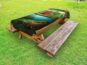 Lunarable Camping Outdoor Tablecloth, Idyllic Nature Scene of a Deep Forest with Lake and Mountains Cartoon Woodland, Decorative Washable Picnic Table Cloth, 58" X 104", Multicolor