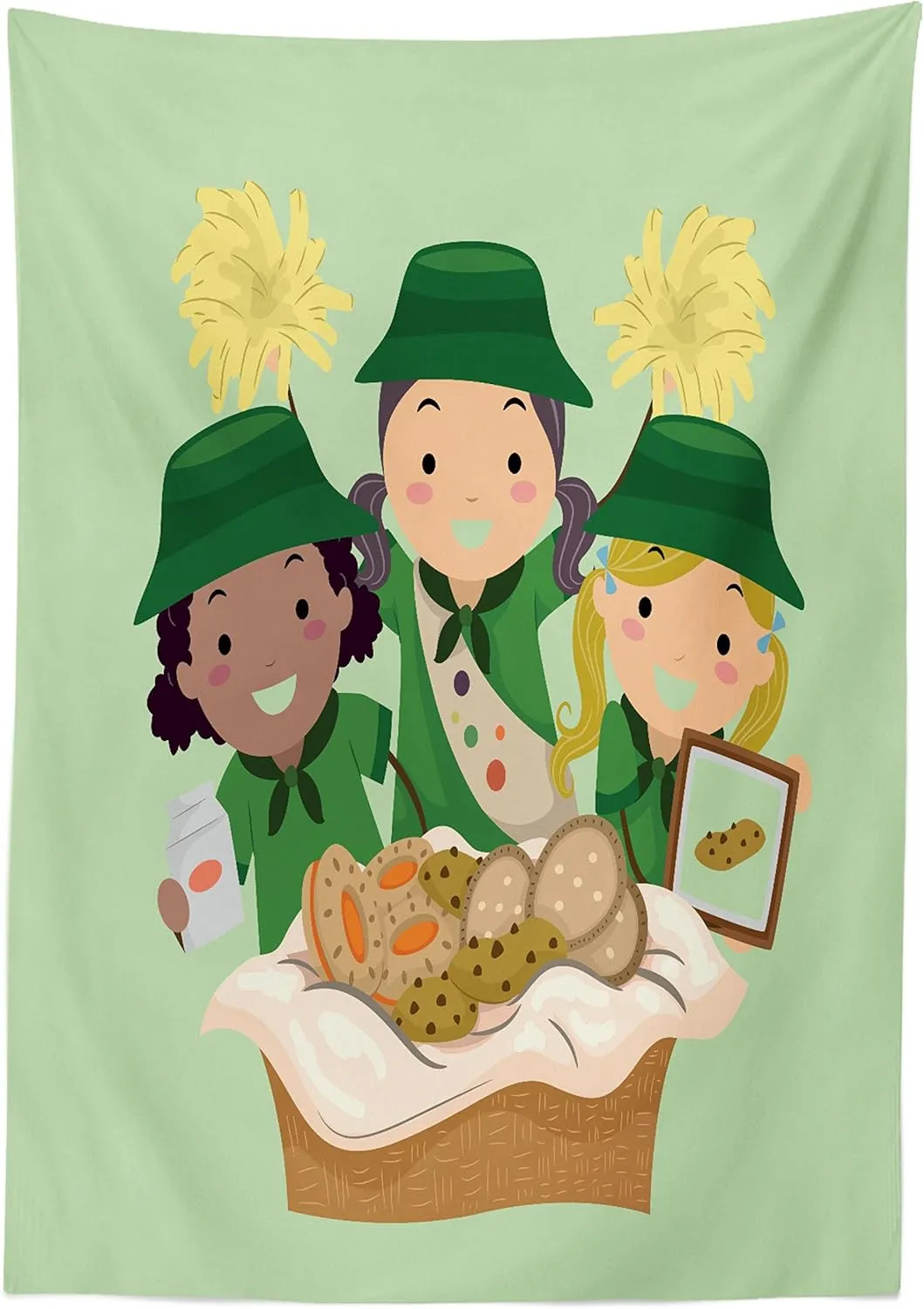 Lunarable Cartoon Outdoor Tablecloth, Illustration of Girls with Uniforms Selling Various Cookies Fundraiser Event, Decorative Washable Picnic Table Cloth, 58" X 84", Green