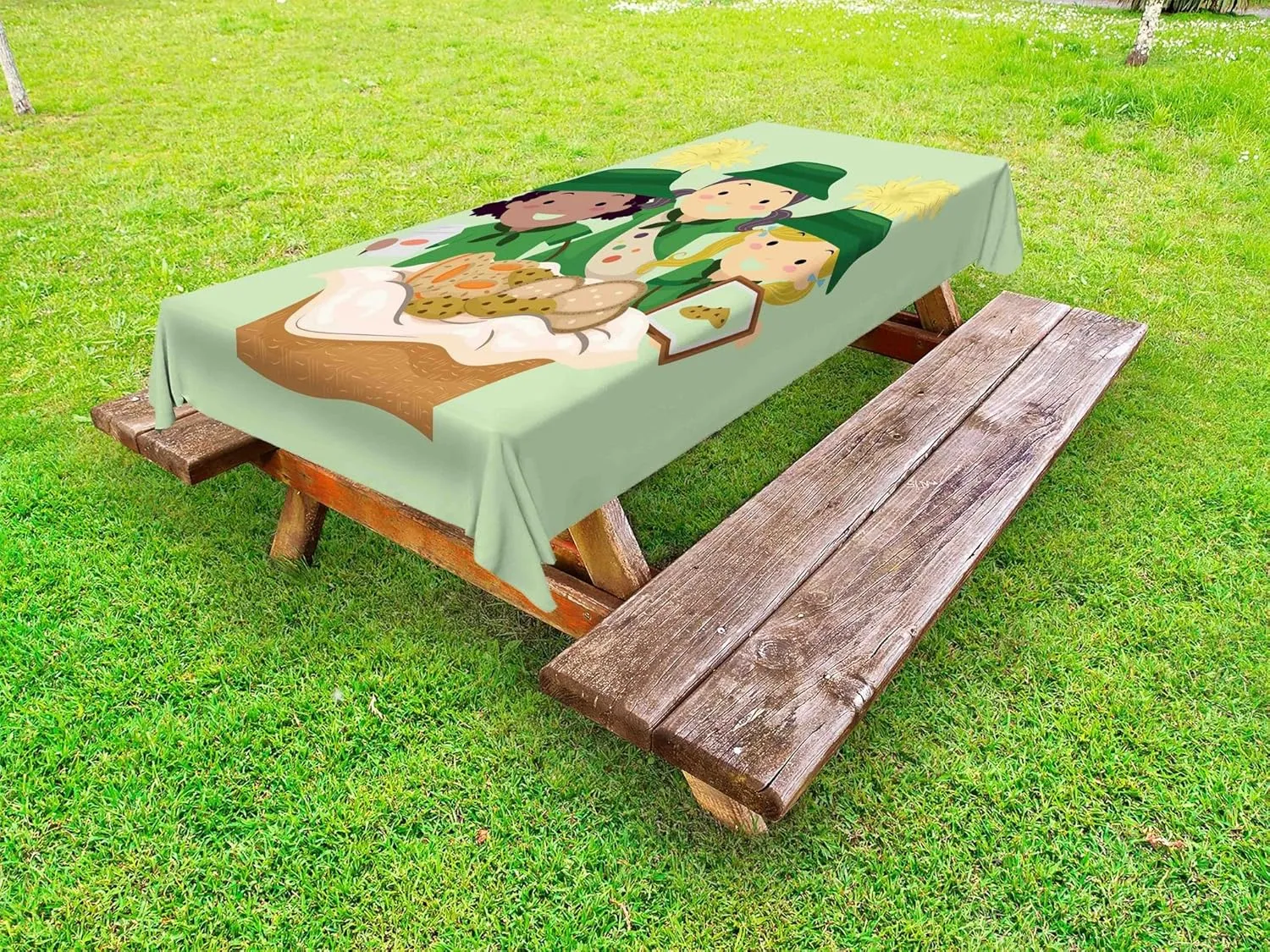 Lunarable Cartoon Outdoor Tablecloth, Illustration of Girls with Uniforms Selling Various Cookies Fundraiser Event, Decorative Washable Picnic Table Cloth, 58" X 84", Green