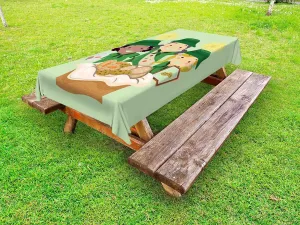 Lunarable Cartoon Outdoor Tablecloth, Illustration of Girls with Uniforms Selling Various Cookies Fundraiser Event, Decorative Washable Picnic Table Cloth, 58" X 84", Green