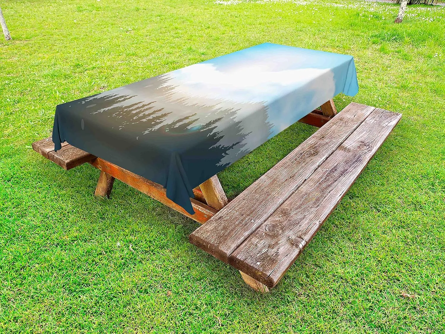 Lunarable Nature Outdoor Tablecloth, Mountain Range with Pine Tree Forest Wilderness Alps Illustration, Decorative Washable Picnic Table Cloth, 58" X 120", Dimgrey Pale Blue