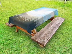 Lunarable Nature Outdoor Tablecloth, Mountain Range with Pine Tree Forest Wilderness Alps Illustration, Decorative Washable Picnic Table Cloth, 58" X 84", Dimgrey Pale Blue