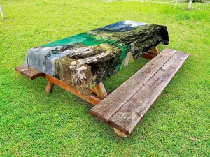 Lunarable Rustic Outdoor Tablecloth, Alpine Lake Laghi di Fusine Forest Rocks Mountain Landscape, Decorative Washable Picnic Table Cloth, 58" X 104", Jade Green Pale Blue and Brown