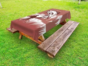 Lunarable Trout Outdoor Tablecloth, A Fisherman Catching a Fish on Mountain Range Background, Decorative Washable Picnic Table Cloth, 58" X 120", Dried Rose White and Chestnut Brown