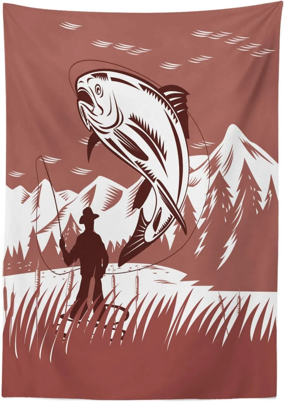Lunarable Trout Outdoor Tablecloth, A Fisherman Catching a Fish on Mountain Range Background, Decorative Washable Picnic Table Cloth, 58" X 120", Dried Rose White and Chestnut Brown