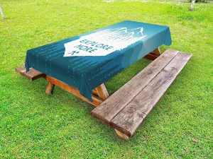 Lunarable Vintage Outdoor Tablecloth, Explore More on Foreground of Mountain Range with Pine Tree Forms Nature Adventure, Decorative Washable Picnic Table Cloth, 58" X 84", Navy White