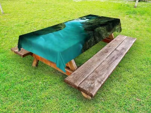 Lunarable Waterfall Outdoor Tablecloth, Tolminka Alpine River Water and Caves Exotic Nature Travel Picture, Decorative Washable Picnic Table Cloth, 58" X 104", Turquoise Dark Green