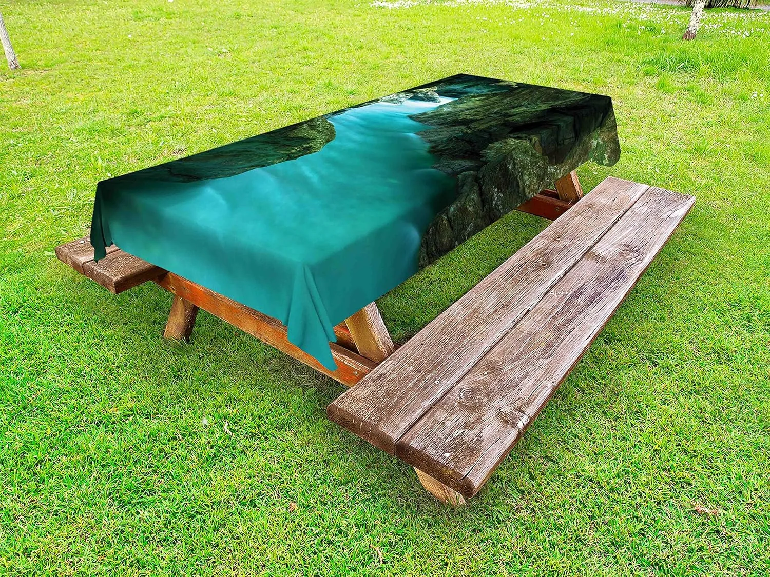Lunarable Waterfall Outdoor Tablecloth, Tolminka Alpine River Water and Caves Exotic Nature Travel Picture, Decorative Washable Picnic Table Cloth, 58" X 120", Turquoise Dark Green