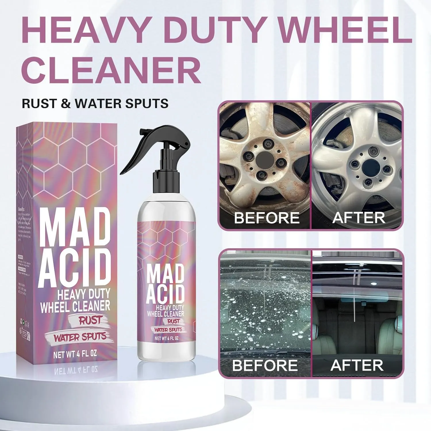 Mad Acid Glass Cleaner, MAD Acid Heavy Duty Wheel Cleaner, Water Spot Remover, All Purpose Cleaners for Bathroom, Car, Glass, Plastic and Furniture, 4 oz Spray (2Pcs)