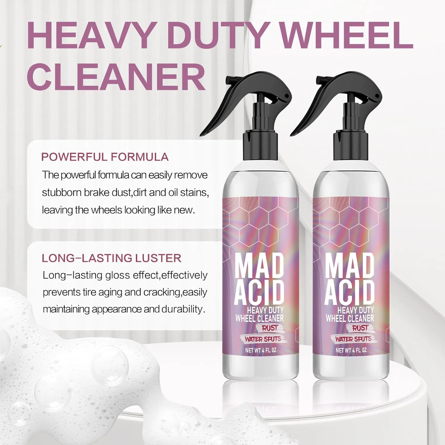 Mad Acid Glass Cleaner, MAD Acid Heavy Duty Wheel Cleaner, Water Spot Remover, All Purpose Cleaners for Bathroom, Car, Glass, Plastic and Furniture, 4 oz Spray (2Pcs)