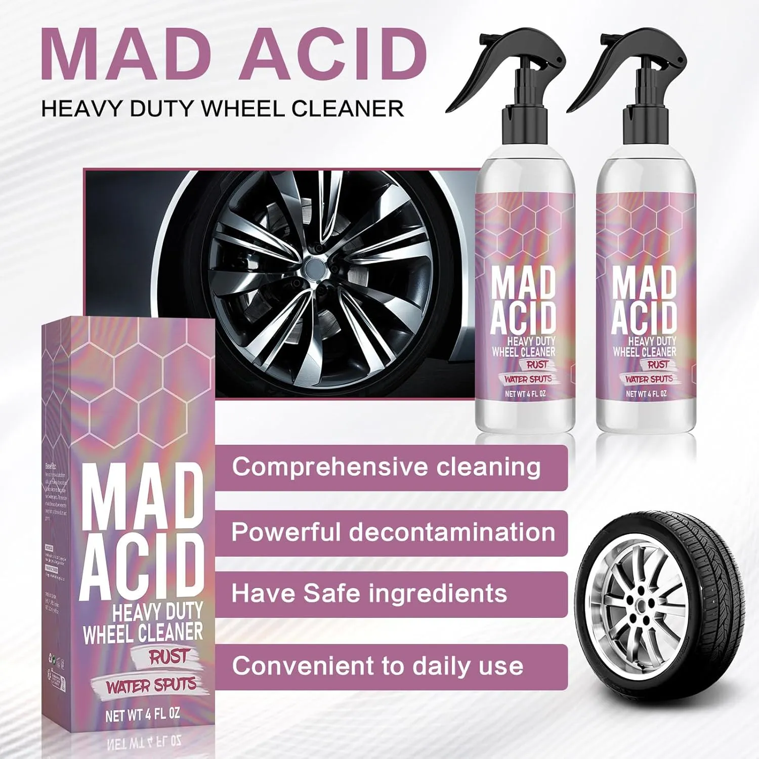Mad Acid Glass Cleaner, MAD Acid Heavy Duty Wheel Cleaner, Water Spot Remover, All Purpose Cleaners for Bathroom, Car, Glass, Plastic and Furniture, 4 oz Spray (2Pcs)