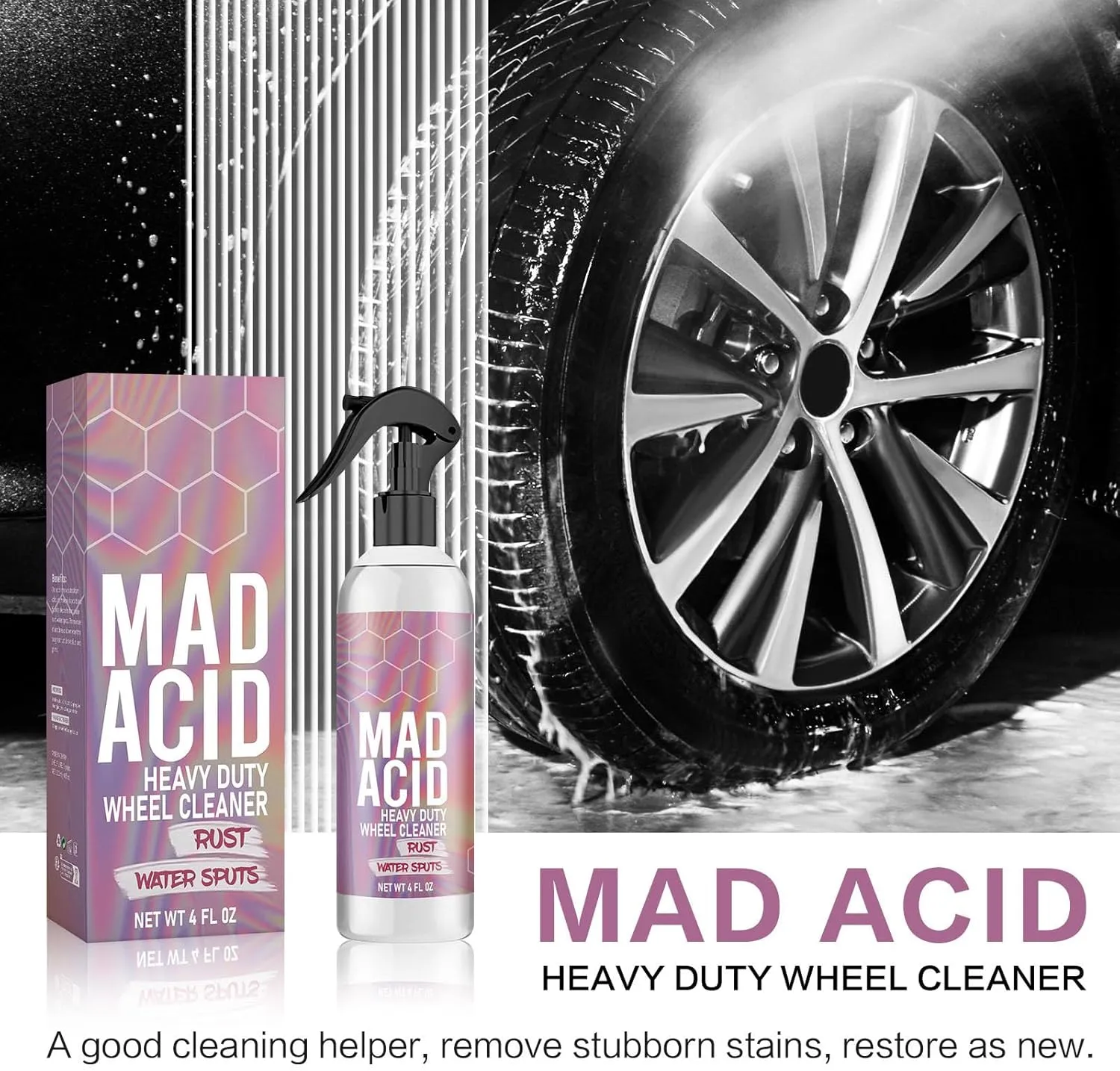 Mad Acid Glass Cleaner, MAD Acid Heavy Duty Wheel Cleaner, Water Spot Remover, All Purpose Cleaners for Bathroom, Car, Glass, Plastic and Furniture, 4 oz Spray (2Pcs)
