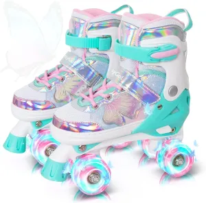 MammyGol Kids Roller Skates for Girls or Boys, Adjustable Roller Skates for Children with Beautiful Butterflies, Beginners 3-16 Years Old Light up Quad Skates Indoor Outdoor