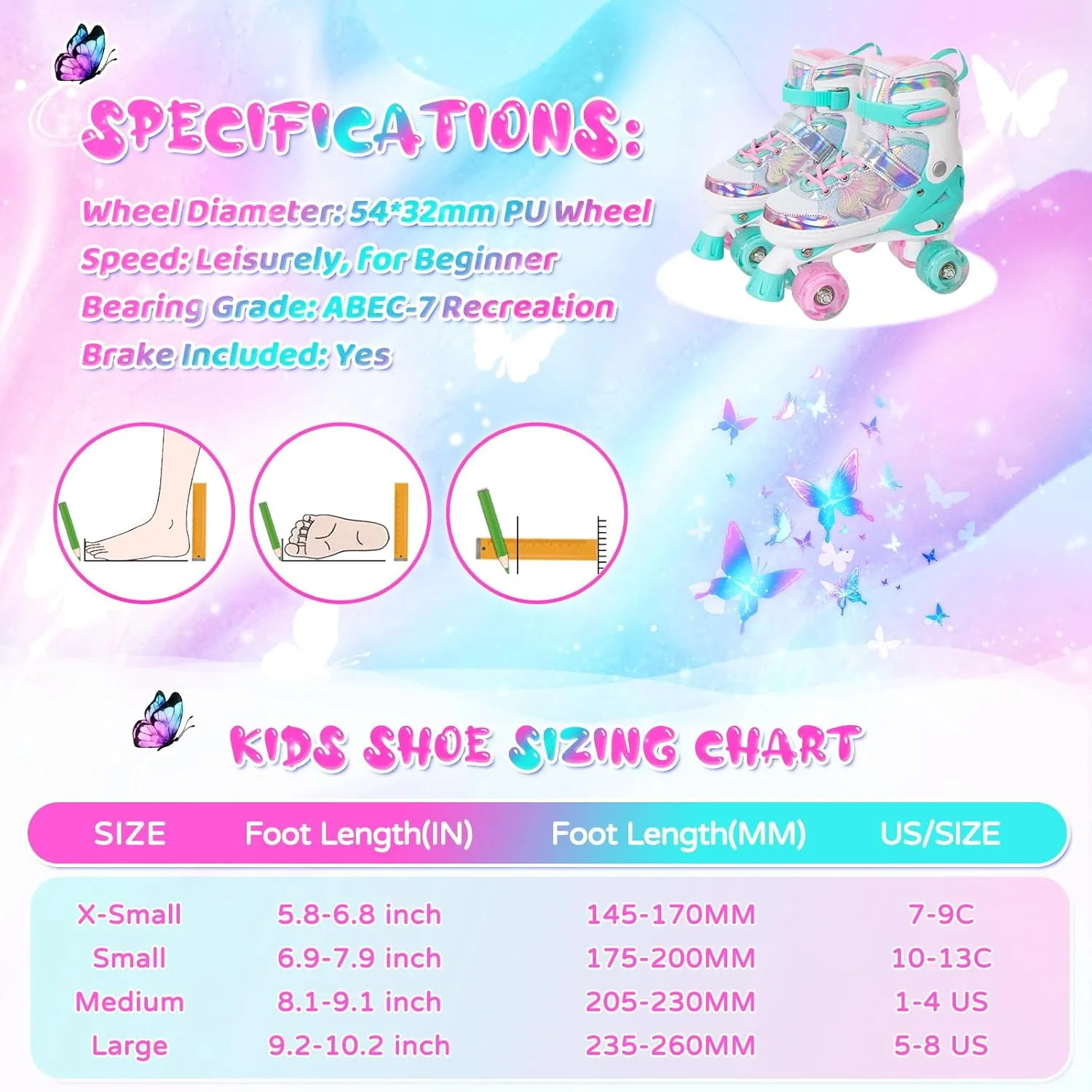 MammyGol Kids Roller Skates for Girls or Boys, Adjustable Roller Skates for Children with Beautiful Butterflies, Beginners 3-16 Years Old Light up Quad Skates Indoor Outdoor