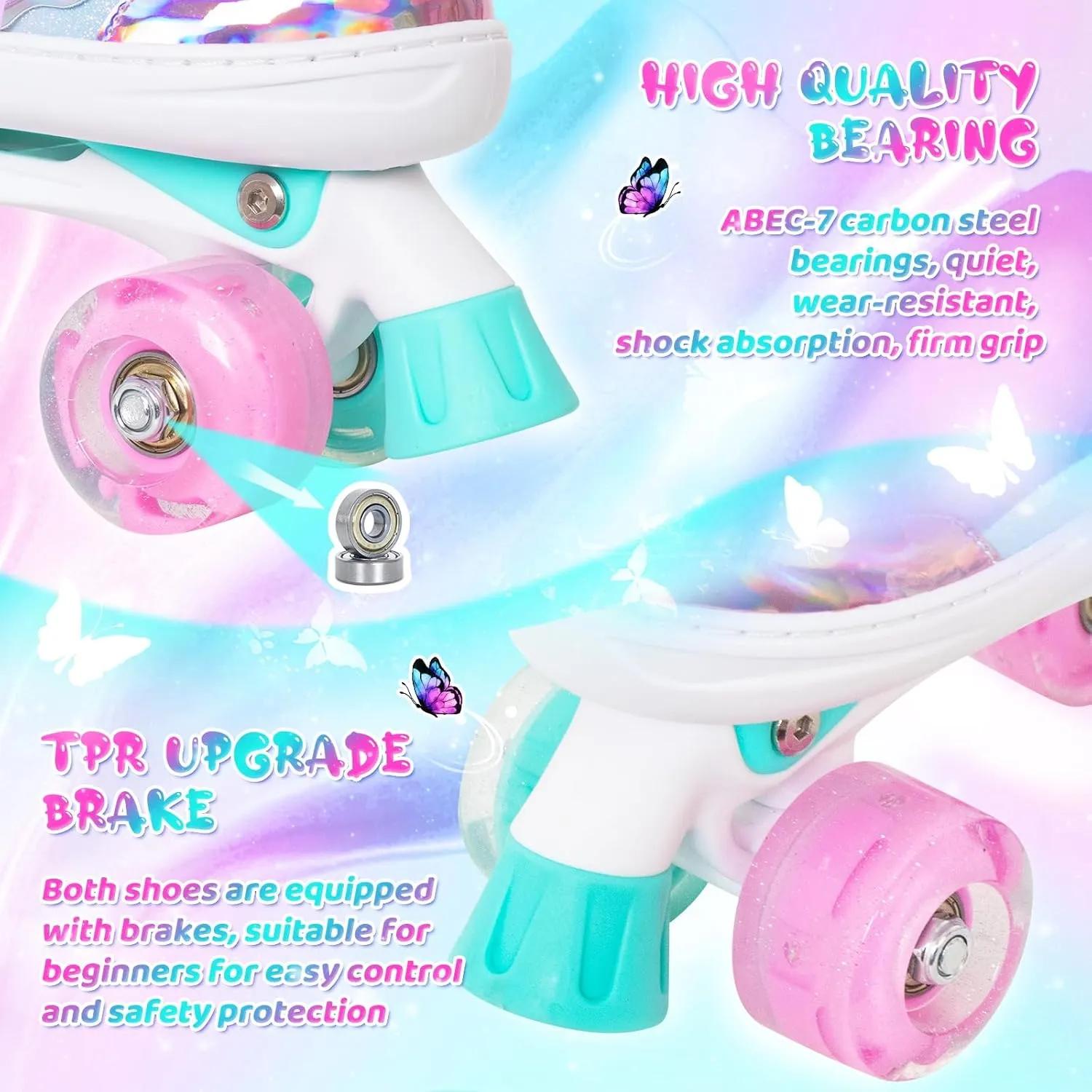 MammyGol Kids Roller Skates for Girls or Boys, Adjustable Roller Skates for Children with Beautiful Butterflies, Beginners 3-16 Years Old Light up Quad Skates Indoor Outdoor