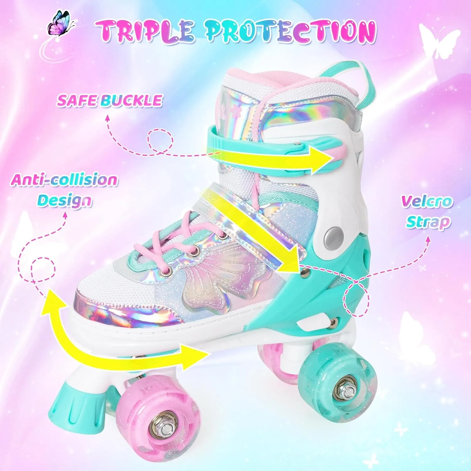 MammyGol Kids Roller Skates for Girls or Boys, Adjustable Roller Skates for Children with Beautiful Butterflies, Beginners 3-16 Years Old Light up Quad Skates Indoor Outdoor