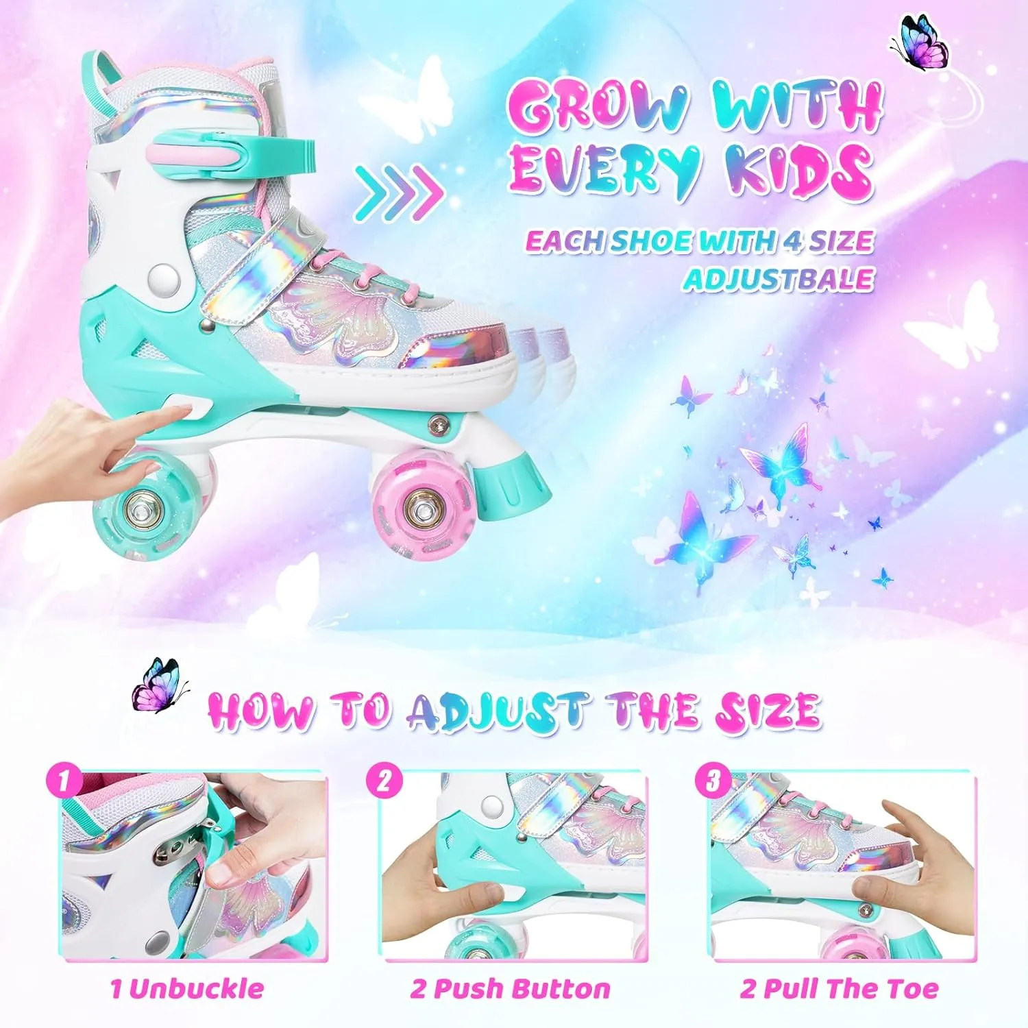 MammyGol Kids Roller Skates for Girls or Boys, Adjustable Roller Skates for Children with Beautiful Butterflies, Beginners 3-16 Years Old Light up Quad Skates Indoor Outdoor