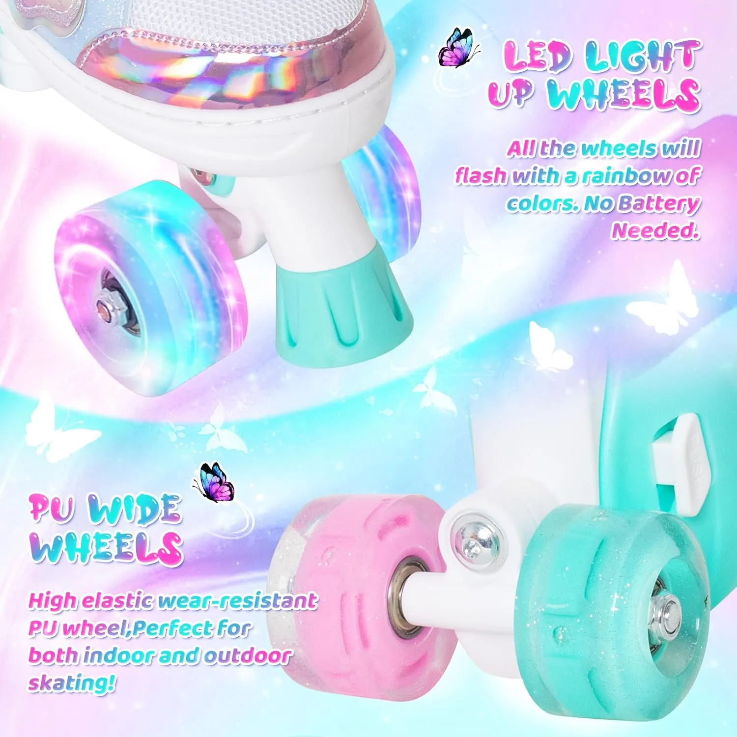 MammyGol Kids Roller Skates for Girls or Boys, Adjustable Roller Skates for Children with Beautiful Butterflies, Beginners 3-16 Years Old Light up Quad Skates Indoor Outdoor