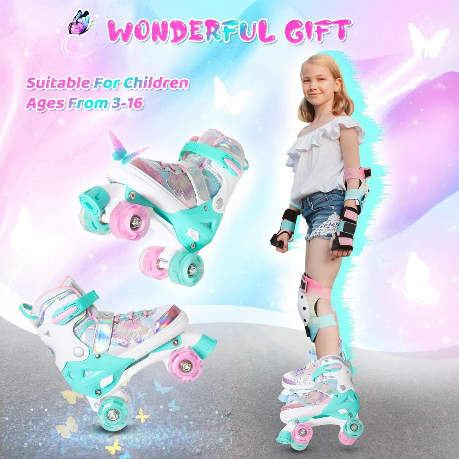MammyGol Kids Roller Skates for Girls or Boys, Adjustable Roller Skates for Children with Beautiful Butterflies, Beginners 3-16 Years Old Light up Quad Skates Indoor Outdoor